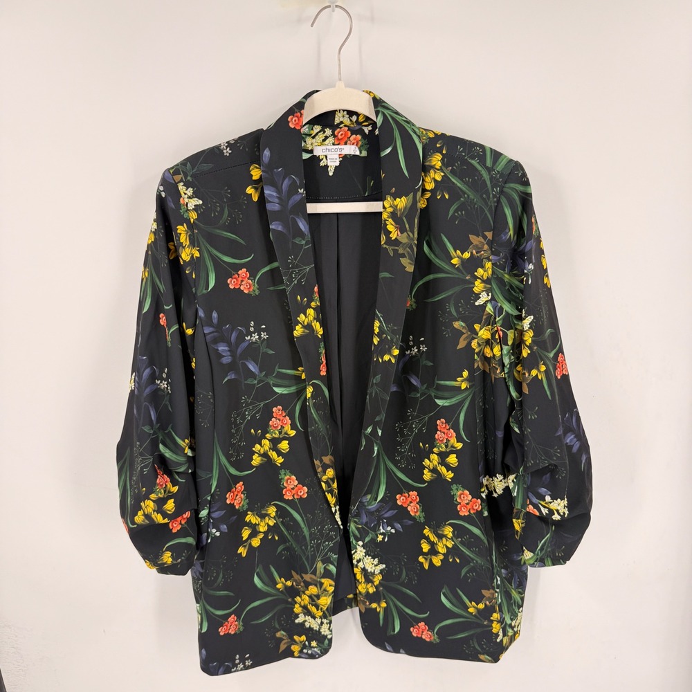 Chico's Blazer Floral Black 16 Open Front Ruched Sleeve Botanical Garden Career